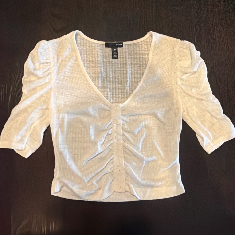 AQUA White Puff Sleeve Top ruched button down size small